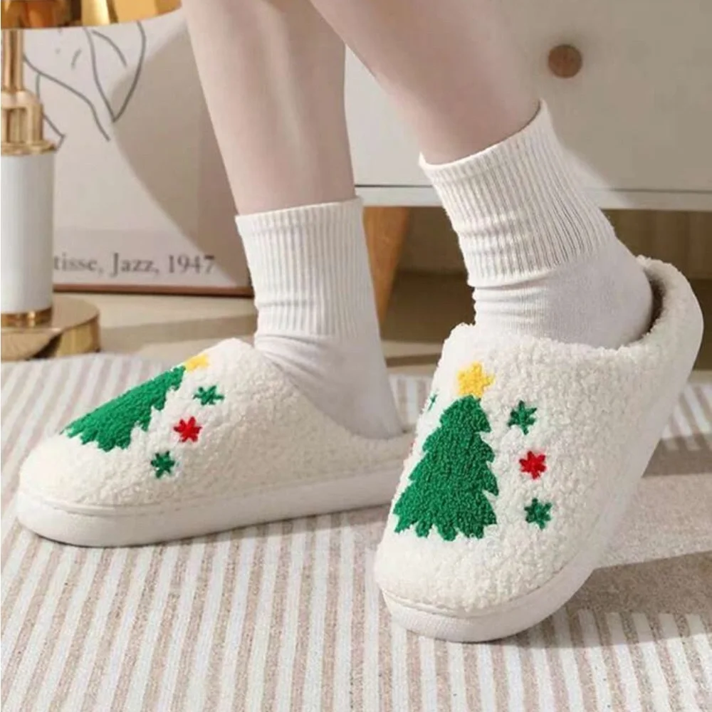 Holiday Christmas Tree Fuzzy Slippers - Picture 2 of 5